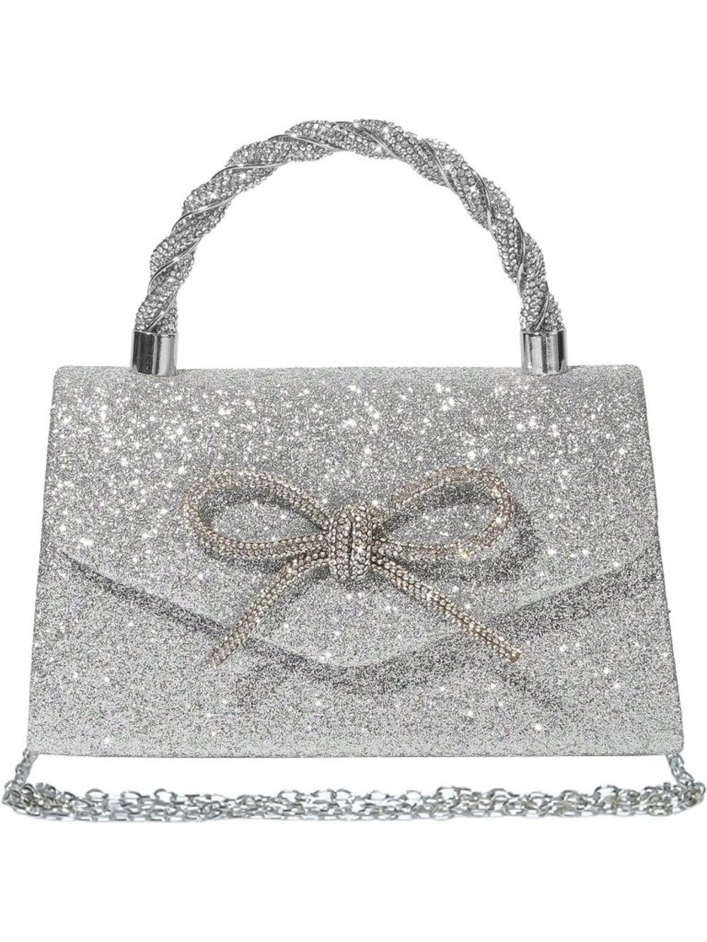 〽️ Women's Silver Sparkly Bow Rhinestone Clutch Purse Wedding Evening Bag